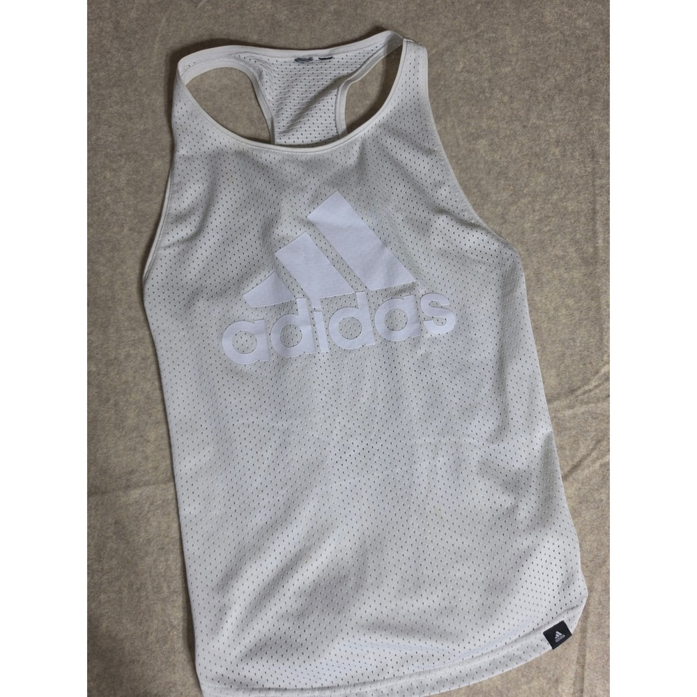 Adidas Womens White Mesh Racerback Tank Top‎ Logo Performance Gym Shirt Small